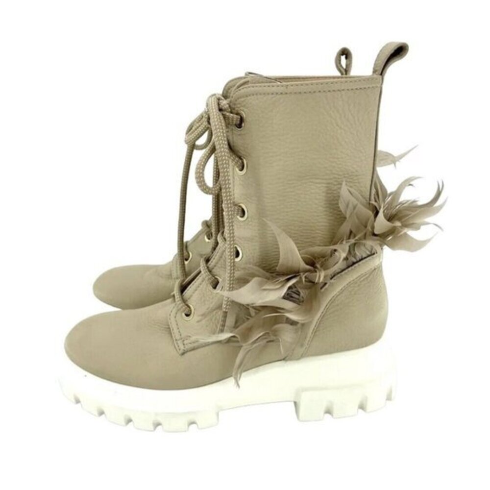 AGL Beige Leather Feathers Lug Sole Platform Combat Boots SZ 37 EU New